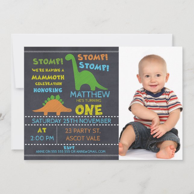Dinosaur Photo Chalkboard 1st Birthday Invitation (Front)
