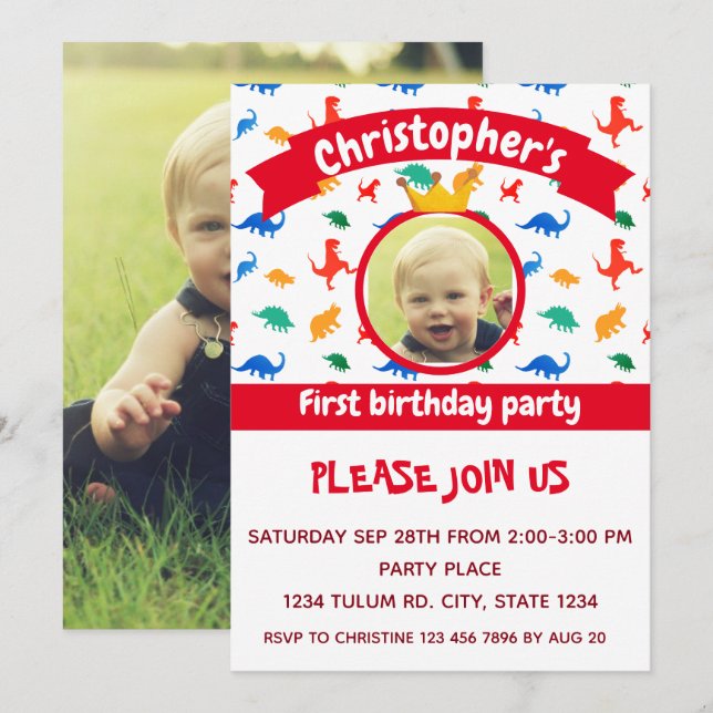 Dinosaur Photo Party Red Invitation (Front/Back)