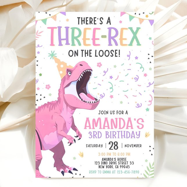 Dinosaur Pink Birthday Invitation Editable Three 3 (Creator Uploaded)