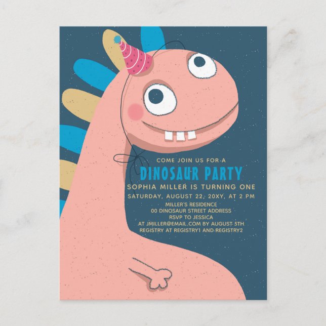 Dinosaur Pink Fun Cute Simple Kids 1th Invitation Postcard (Front)