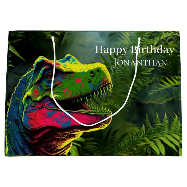 Dinosaur Pink Jungle happy Birthday Large Gift Bag (Front)