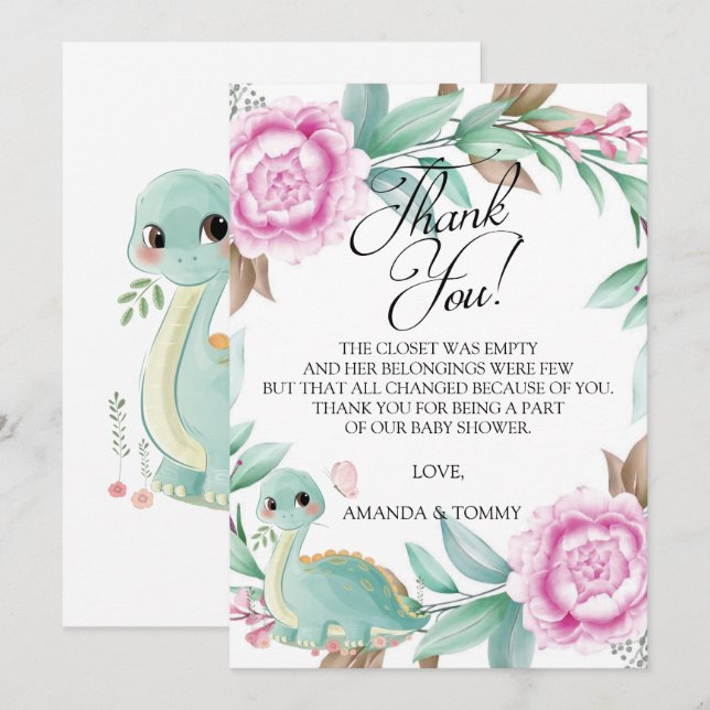 Dinosaur Pink Peony Baby Shower Thank You Card (Front/Back)