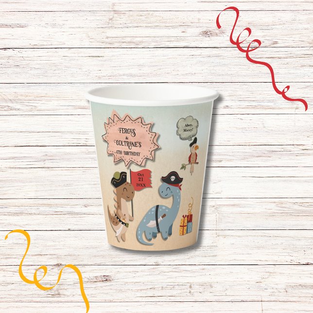 Dinosaur Pirate Birthday Party Twin Boys Custom Paper Cups (Dinosaur Pirate Twins Birthday Party paper cups featuring TRex & Brontosaurus dinos in Pirate gear.)