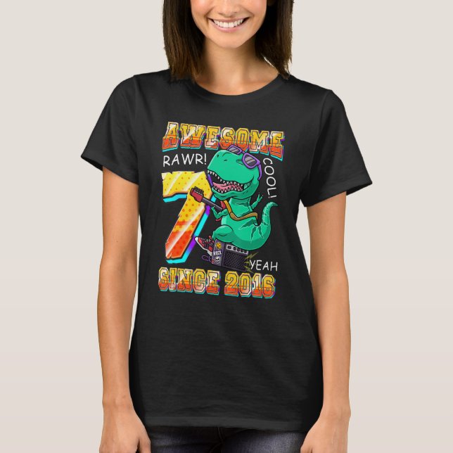 Dinosaur Play Guitar Awesome Since 2016 Rex 7th B  T-Shirt (Front)