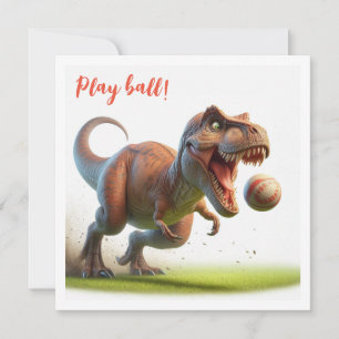 Dinosaur playing ball, t-rex birthday invitation