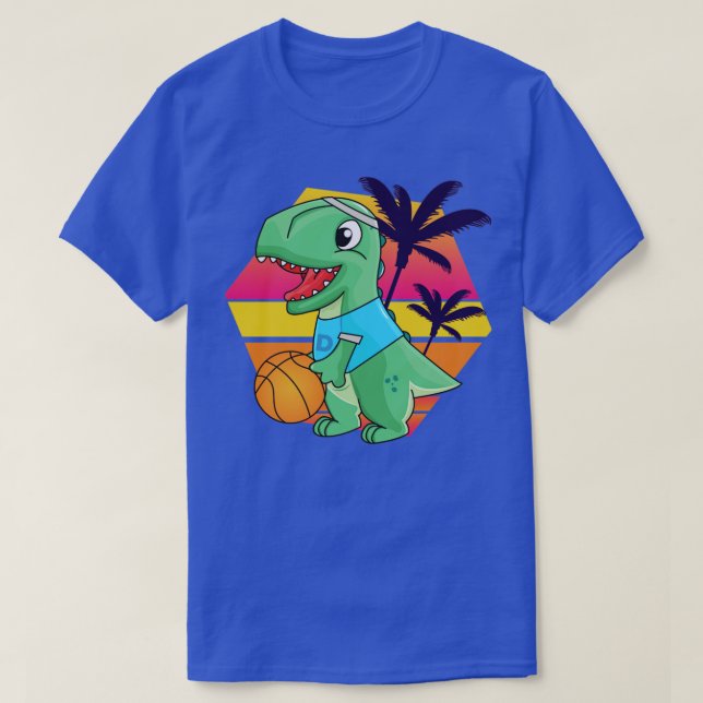 Dinosaur playing basketball retro style green dino T-Shirt (Design Front)