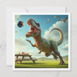 Dinosaur playing soccer, t-rex birthday invitation