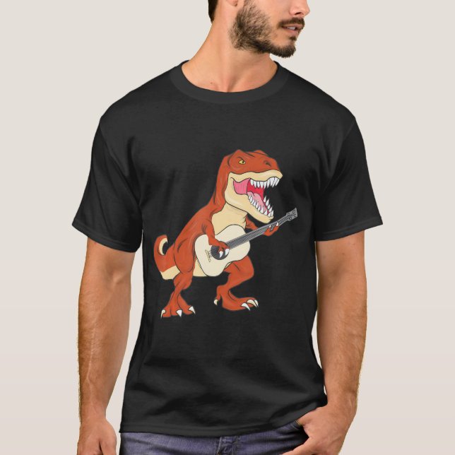 Dinosaur Playing Ukulele Guitar Funny Boys T-Rex T-Shirt (Front)