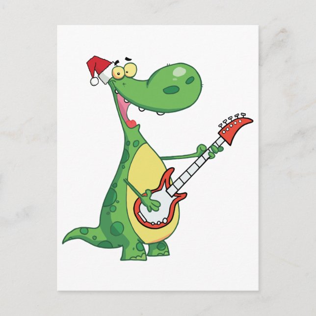 Dinosaur Plays Guitar with Santa Hat Holiday Postcard (Front)