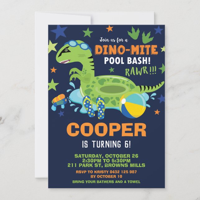 Dinosaur Pool Birthday Party Bash Boy Dino Floatie Invitation (Front)