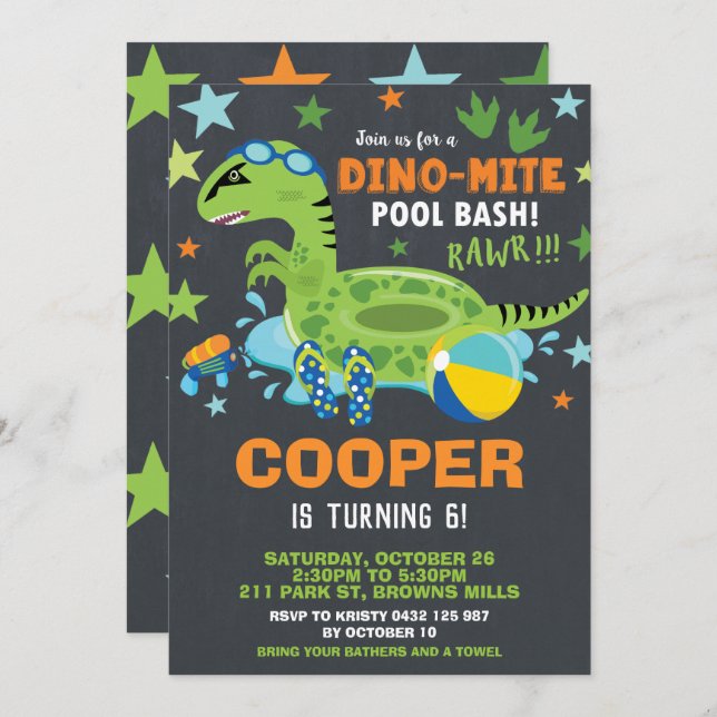 Dinosaur Pool Birthday Party Bash Boy Dino-mite Invitation (Front/Back)