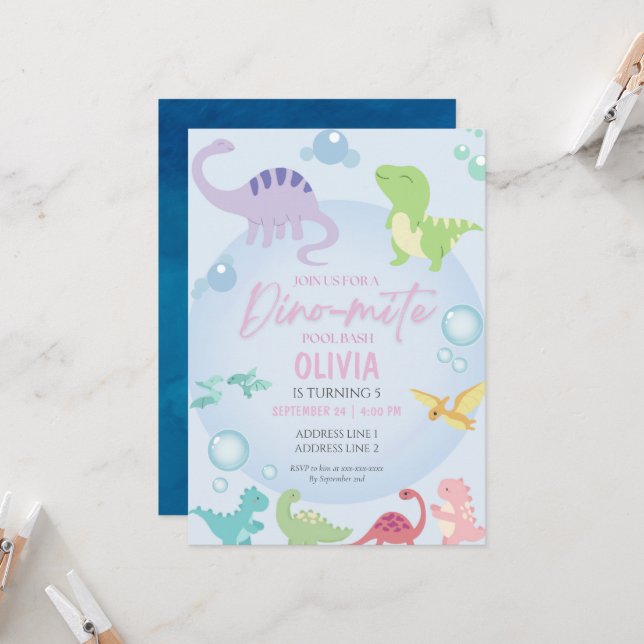 dinosaur pool party girl birthday invitation (Front/Back In Situ)