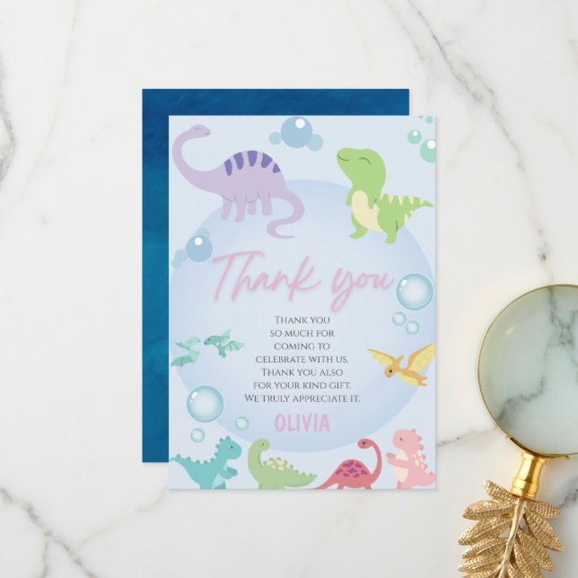 dinosaur pool party girl birthday thank you card (Front/Back In Situ)