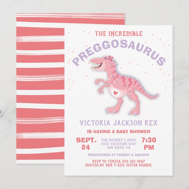 Dinosaur Preggosaurus Baby Shower Girl Invitation (Front/Back)