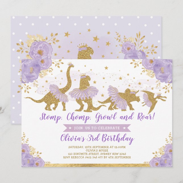 Dinosaur Princess Ballerina Pink Floral Birthday Invitation (Front/Back)