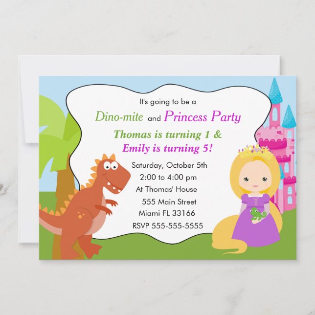 Dinosaur Princess Invitation Kids Birthday Party 1 (Front)