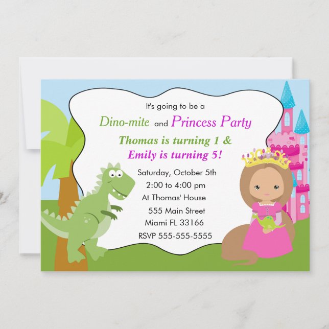 Dinosaur Princess Invitation Kids Birthday Party 2 (Front)