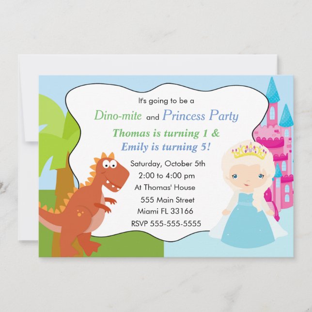 Dinosaur Princess Invitation Kids Birthday Party 3 (Front)