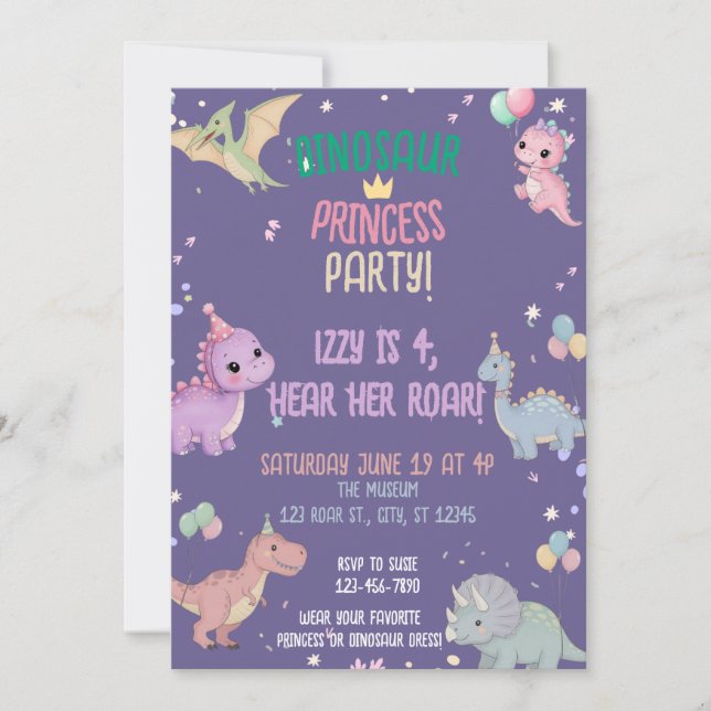 Dinosaur Princess Party 4th birthday Invitation (Front)