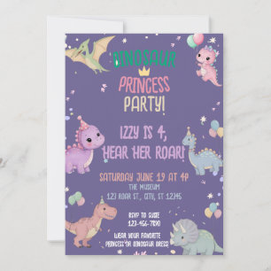 Dinosaur Princess Party 4th birthday Invitation