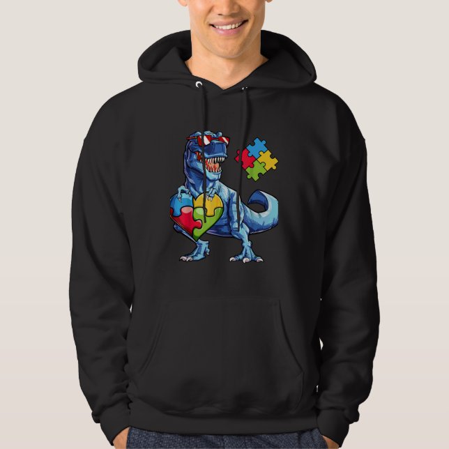 Dinosaur Puzzle Piece Autism Awareness Boys Kids M Hoodie (Front)