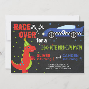 Dinosaur & race car siblings birthday invitation. invitation