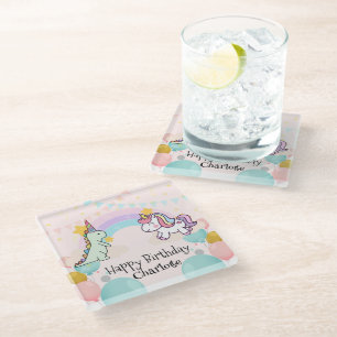 Dinosaur Rainbow Unicorn gradient birthday party Glass Coaster