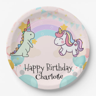  Dinosaur Rainbow Unicorn gradient birthday party  Paper Plate
