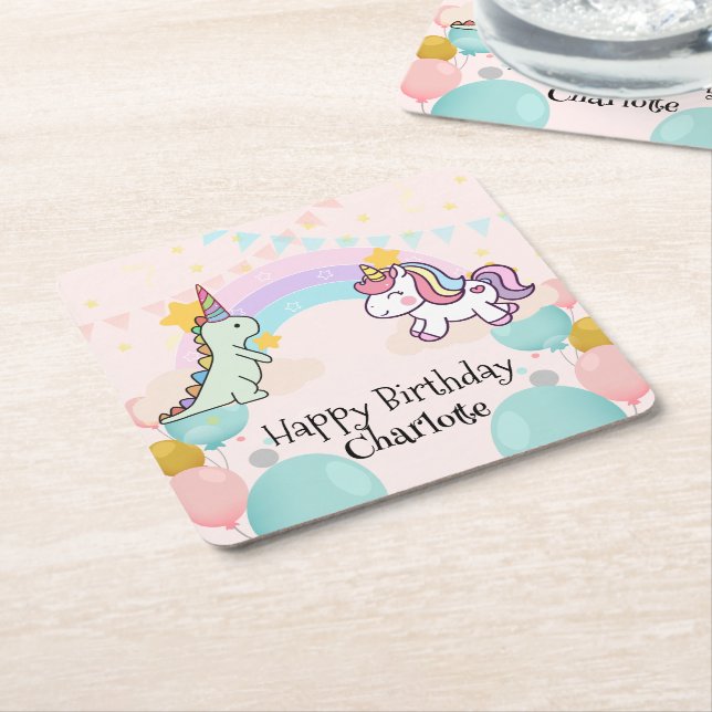  Dinosaur Rainbow Unicorn gradient birthday party  Square Paper Coaster (Angled)