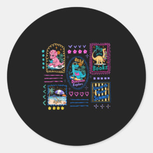Dinosaur reading club summer book lover library classic round sticker