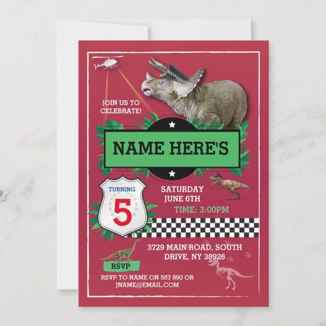 Dinosaur Red Cops Fun T-Rex Blue Invitations (Front)