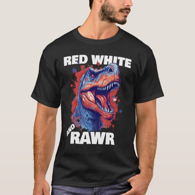 Dinosaur Red White Rawr American Flag 4th of July  T-Shirt (Front)