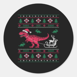 Dinosaur Reindeer Sleigh Ugly Christmas  Classic Round Sticker