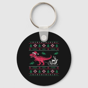 Dinosaur Reindeer Sleigh Ugly Christmas Key Ring
