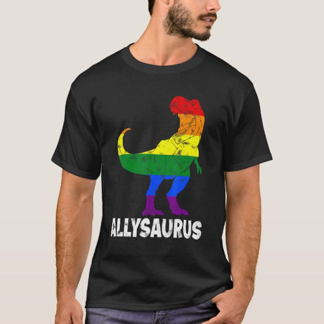 Dinosaur Rex Lgbt Gay Pride Flag Allysaurus Ally M T-Shirt (Front)