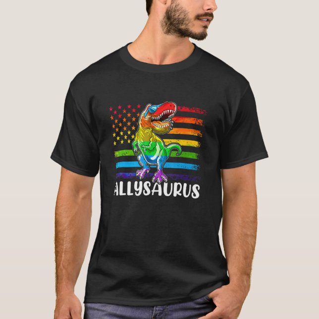 Dinosaur Rex Lgbt Gay Pride Flag Allysaurus Ally M T-Shirt (Front)