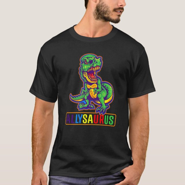 Dinosaur Rex Lgbt Gay Pride Flag Allysaurus Ally M T-Shirt (Front)