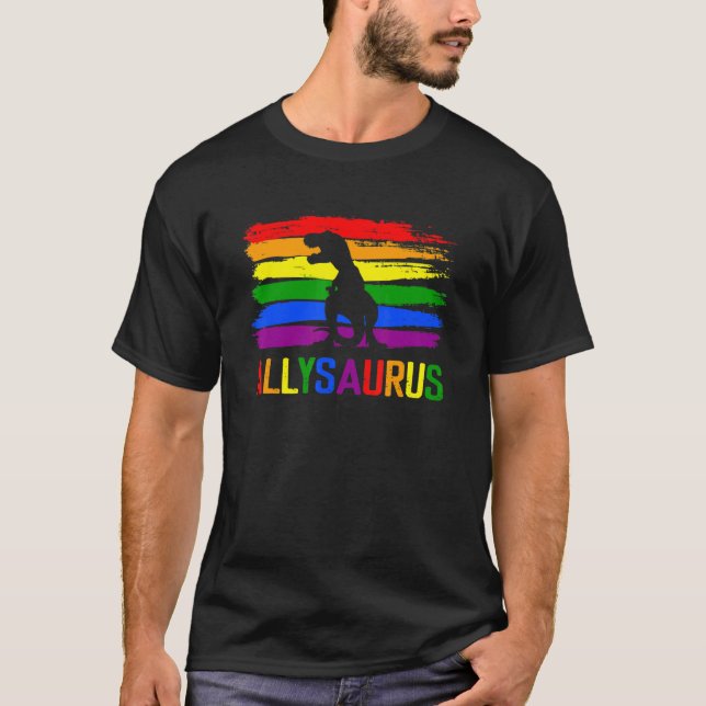 Dinosaur Rex Lgbt Gay Pride Flag Allysaurus Ally M T-Shirt (Front)