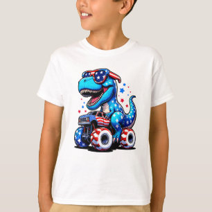 Dinosaur Riding American Flag Truck July 4th  T-Shirt