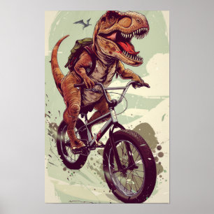 Dinosaur Riding Bike Illustration Poster