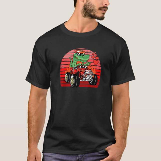 Dinosaur Riding Car Valentines Day Retro Rex Love  T-Shirt (Front)