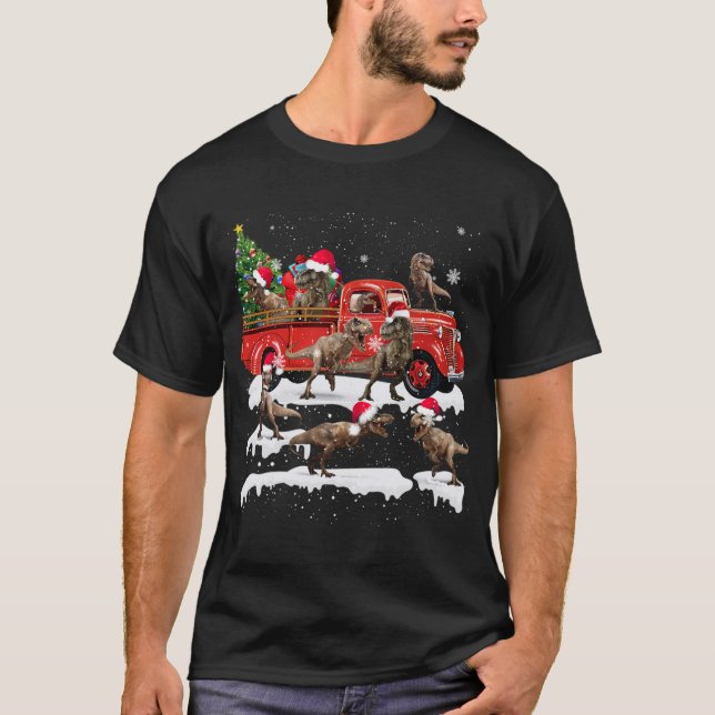 Dinosaur Riding Red Truck Xmas Merry Christmas T-Shirt (Front)