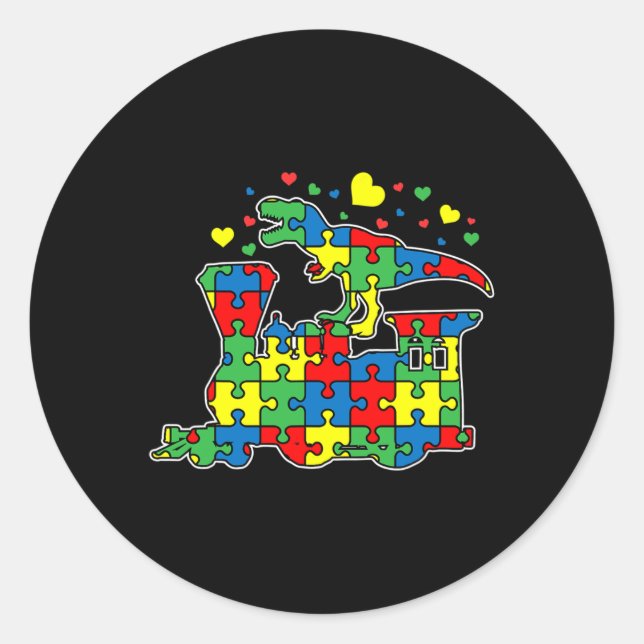 Dinosaur Riding Train Puzzle Piece Autism Awarenes Classic Round Sticker (Front)