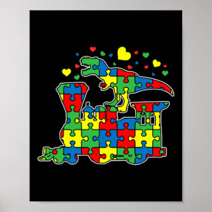 Dinosaur Riding Train Puzzle Piece Autism Awarenes Poster