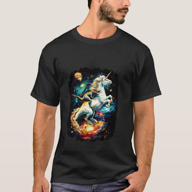 Dinosaur Riding Unicorn Funny Galaxy T-Shirt (Front)