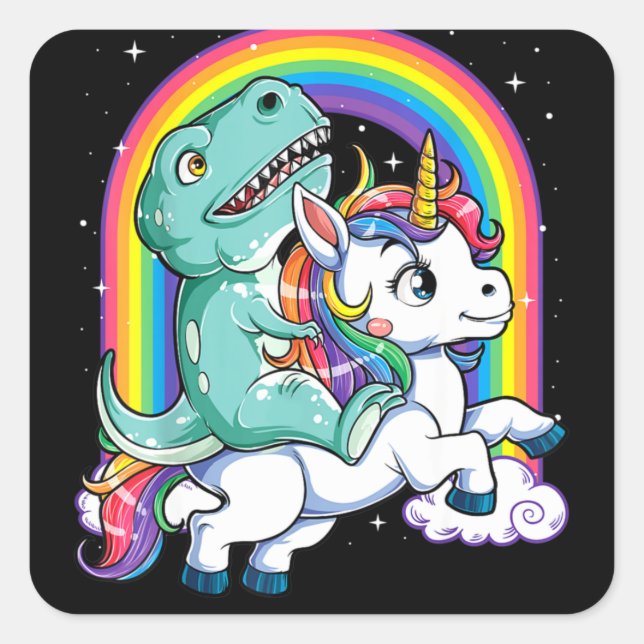 Dinosaur Riding Unicorn Kids Rainbow Square Sticker (Front)