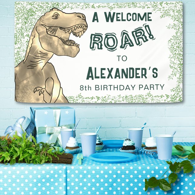 Dinosaur Roar 8th Birthday Party welcome Banner (T-Rex roar dinosaur jungle 8th birthday party custom welcome banner  jungle foliage green typography)