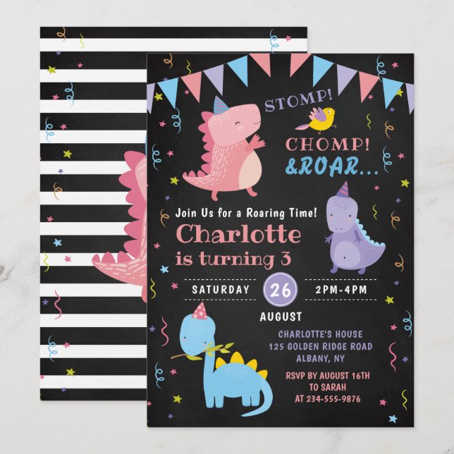 Dinosaur Roar Birthday Chalkboard Girls Dino Party Invitation (Front/Back)