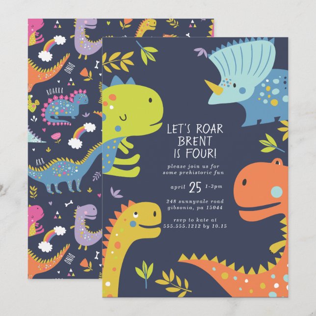 Dinosaur Roar Boys Birthday Blue Invitation (Front/Back)