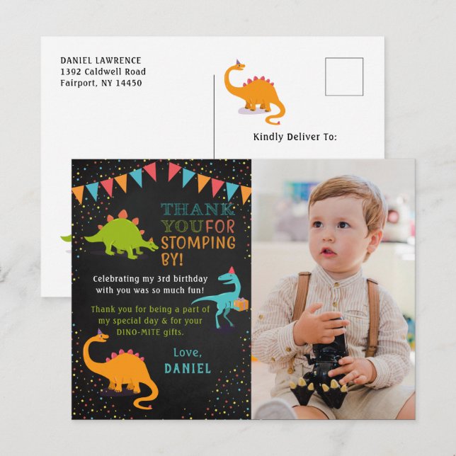 Dinosaur Roar Chalkboard Birthday Photo Thank You Postcard (Front/Back)